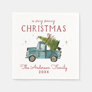 Merry Christmas Watercolor Blue Truck Holiday Napkins