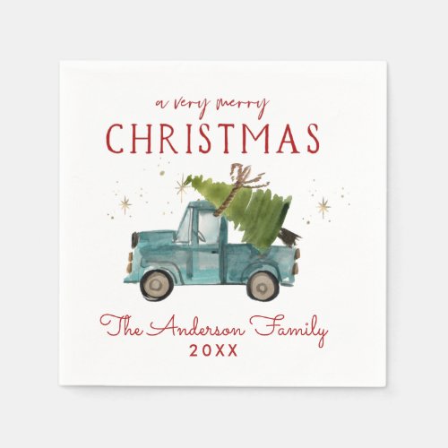 Merry Christmas  Watercolor Blue Truck Holiday Napkins