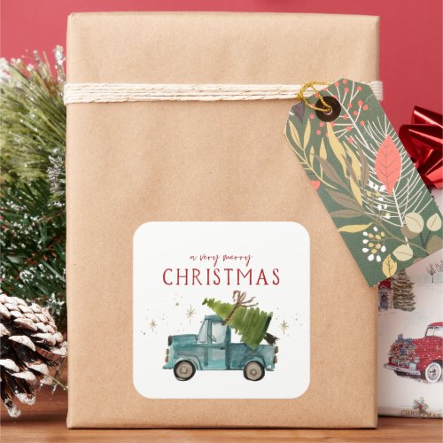 Merry Christmas  Watercolor Blue Truck Holiday Square Sticker