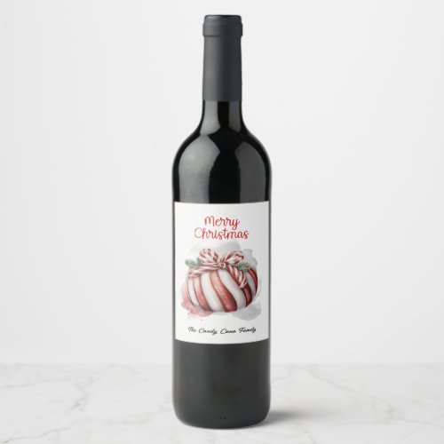 Merry Christmas Watercolor Candy Cane Candy Wine Label