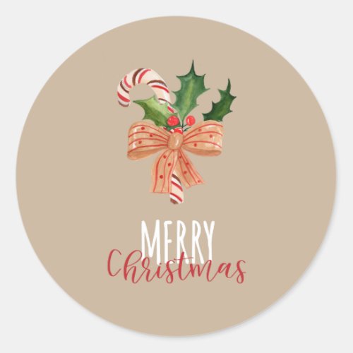 Merry Christmas Watercolor Candy Cane Classic Round Sticker