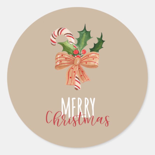 Merry Christmas Watercolor Candy Cane Classic Round Sticker (Front)
