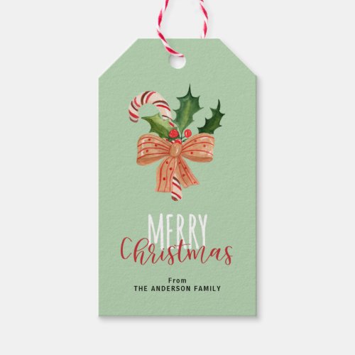 Merry Christmas Watercolor Candy Cane Personalized Gift Tags