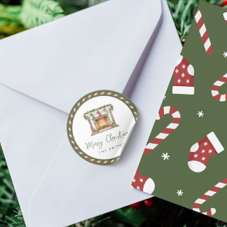 Merry Christmas - Watercolor Christmas fireplace Classic Round Sticker