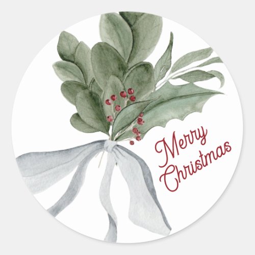 Merry Christmas Watercolor Christmas Foliage Classic Round Sticker