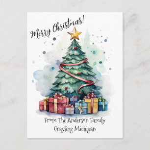 Merry Christmas Watercolor Christmas Tree and Gift Postcard