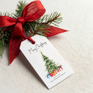 Merry Christmas Watercolor Christmas Tree Card Gift Tags
