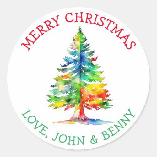 Merry Christmas Watercolor Christmas Tree Classic Round Sticker