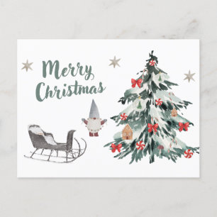 Merry Christmas Watercolor Christmas Tree, Gnome Holiday Postcard