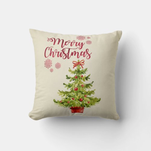 Merry ChristmasWatercolor Christmas Tree Throw Pillow