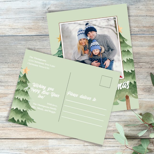 Merry Christmas Watercolor Christmas Trees Holiday Postcard (With return address, greeting, and "please deliver to" on the backside. )