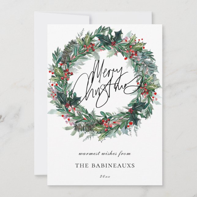 Merry Christmas Watercolor Christmas Wreath Holiday Card (Front)