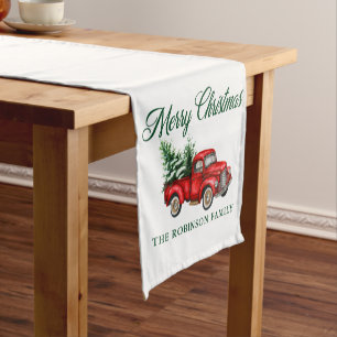 Merry Christmas Watercolor Classic Red Truck Chic Short Table Runner