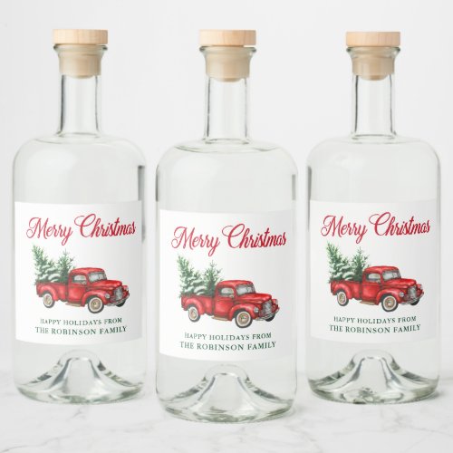 Merry Christmas Watercolor Classic Red Truck Liquor Bottle Label