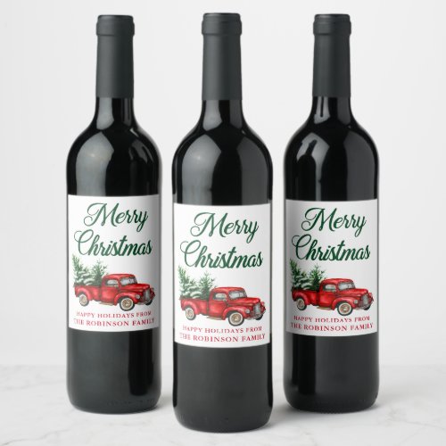 Merry Christmas Watercolor Classic Red Truck Wine Label