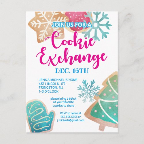Merry Christmas  Watercolor Cookie Exchange Holiday Postcard