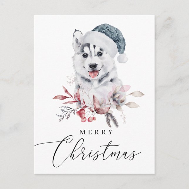 Merry Christmas. Watercolor cute holiday husky (Front)