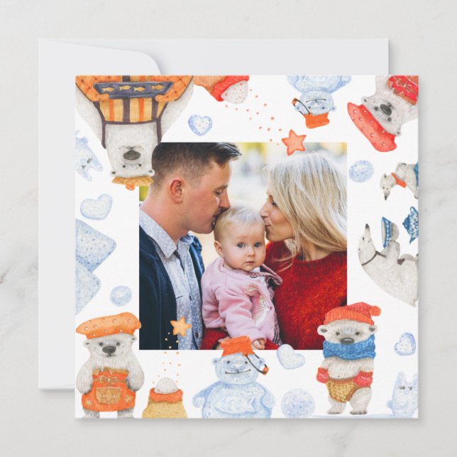 Merry Christmas Watercolor Cute Polar Bear Photo (Front)