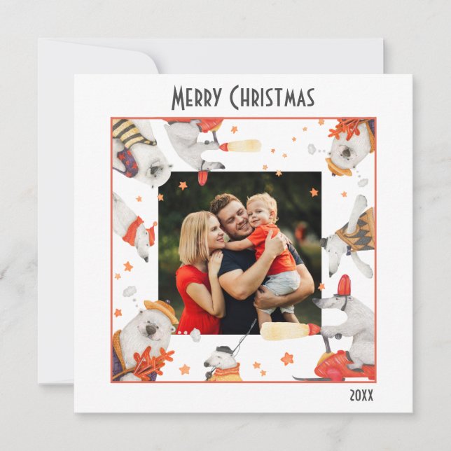 Merry Christmas Watercolor Cute Polar Bear Photo (Front)