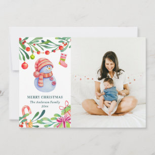 Merry Christmas. Watercolor cute snowman photo Holiday Card