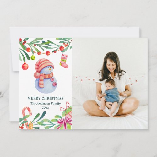 Merry Christmas Watercolor cute snowman photo Holiday Card