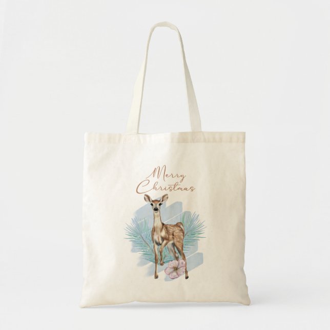 Merry Christmas Watercolor Deer Holly Leaves Tote Bag (Front)
