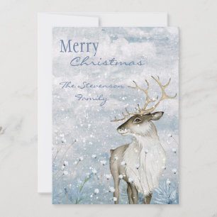 Merry Christmas Watercolor Deer Snow Scene Name Holiday Card