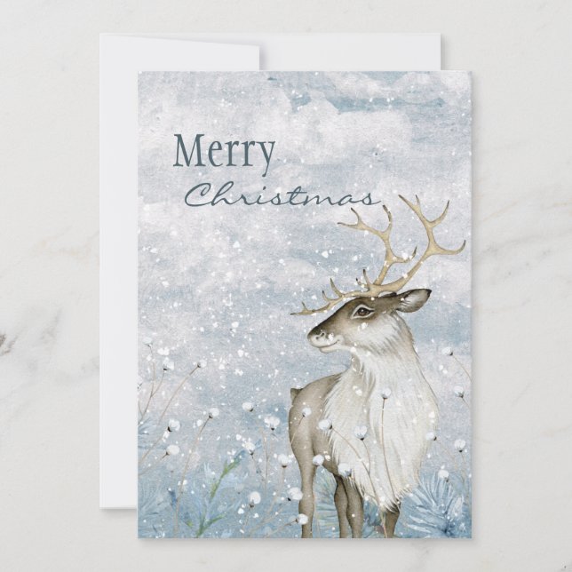 Merry Christmas Watercolor Deer Snow Scene Name Holiday Card (Front)