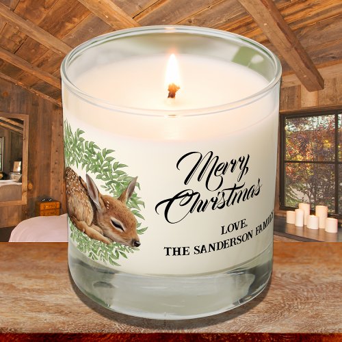 Merry Christmas Watercolor Deer Woodland Wreath Scented Candle