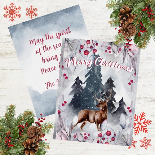 Merry Christmas Watercolor Deer Woods Snow Scene Holiday Card