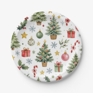 Merry Christmas Watercolor Festive Holiday Pattern Paper Plates