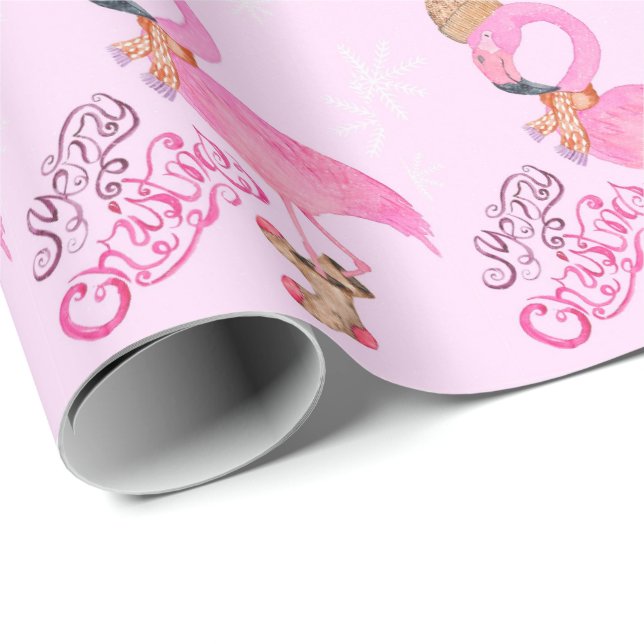 Merry Christmas Watercolor Flamingo Wrapping Paper (Roll Corner)