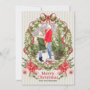 Merry Christmas Watercolor Floral Bow Family Photo Holiday Card
