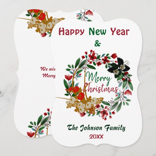  Merry Christmas Watercolor Floral Green Wreath (Front/Back)