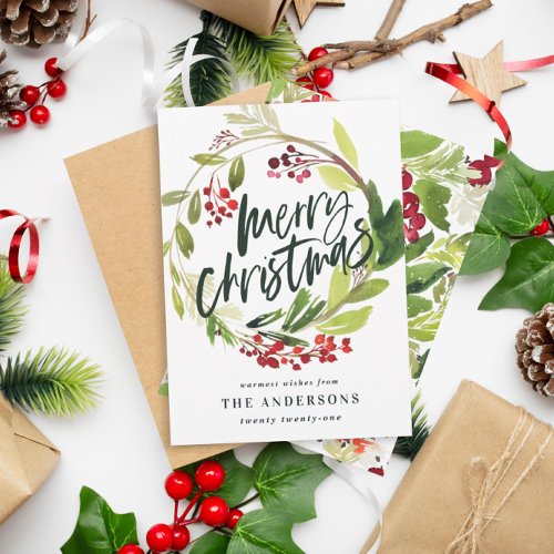 Merry Christmas watercolor floral Holiday Card