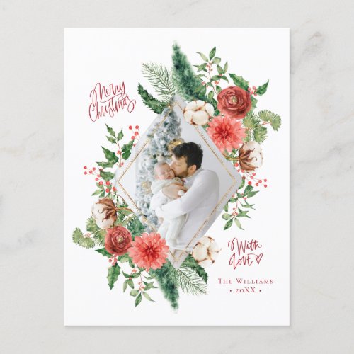 Merry Christmas Watercolor Floral Photo Holiday Postcard