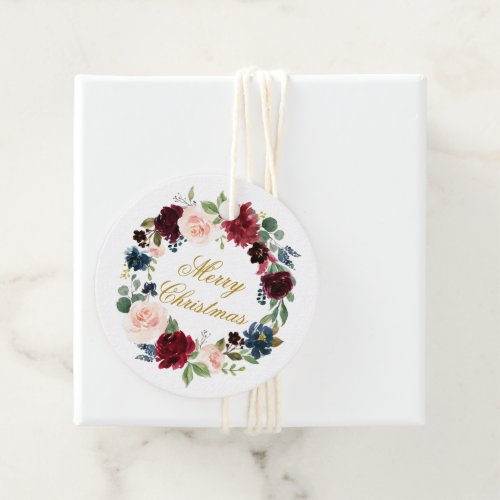 Merry Christmas Watercolor Floral Wreath Gold Favor Tags