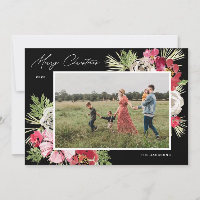 Merry Christmas Watercolor Flower Black Holiday Card (Front)