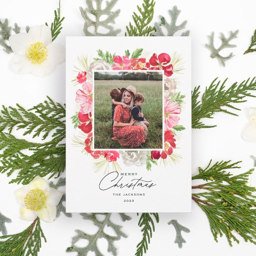 Merry Christmas Watercolor Flower Frame Holiday Card