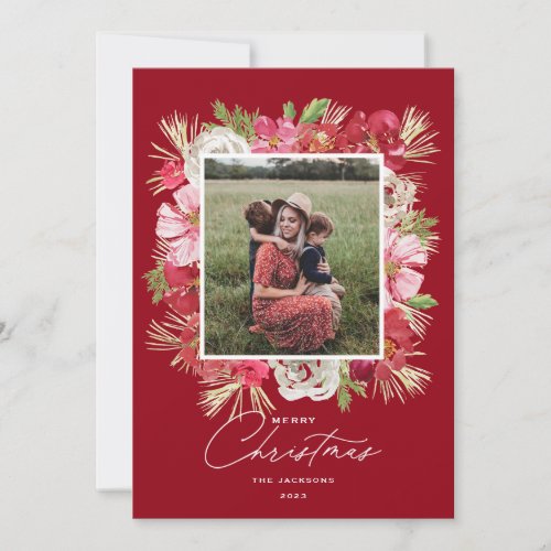 Merry Christmas Watercolor Flower Frame Red Holiday Card