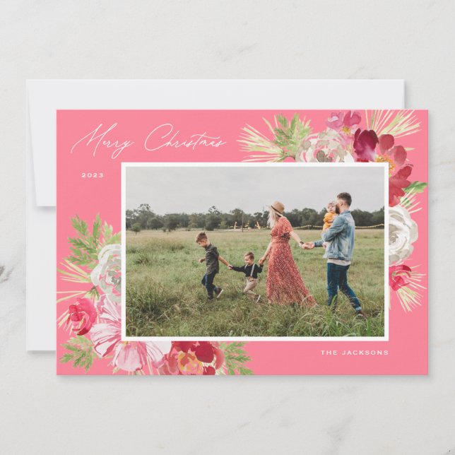 Merry Christmas Watercolor Flower Pink Holiday Card (Front)