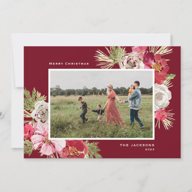 Merry Christmas Watercolor Flower Red Holiday Card (Front)