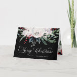 Merry Christmas | Watercolor Flowers on Black Holiday Card<br><div class="desc">This beautiful holiday card says "Merry Christmas" in elegant modern calligraphy, with traditional Christmas watercolor flowers in red, white, and green on a black background. The inside and back of the card are also decorated with pretty matching flowers. The perfect festive card to send to friends and family, yet professional...</div>