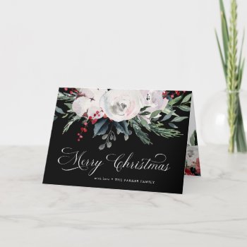 Merry Christmas | Watercolor Flowers On Black Holiday Card by christine592 at Zazzle