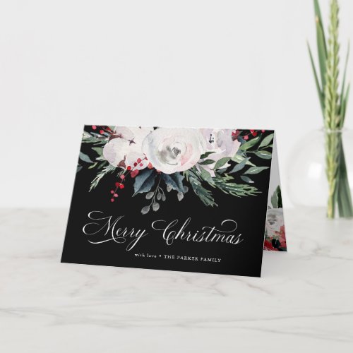 Merry Christmas  Watercolor Flowers on Black Holiday Card