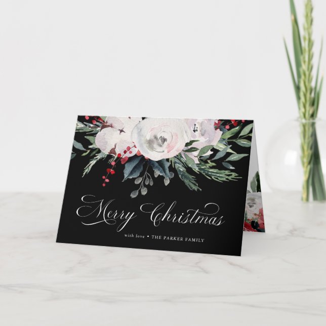 Merry Christmas | Watercolor Flowers on Black Holiday Card (Front)