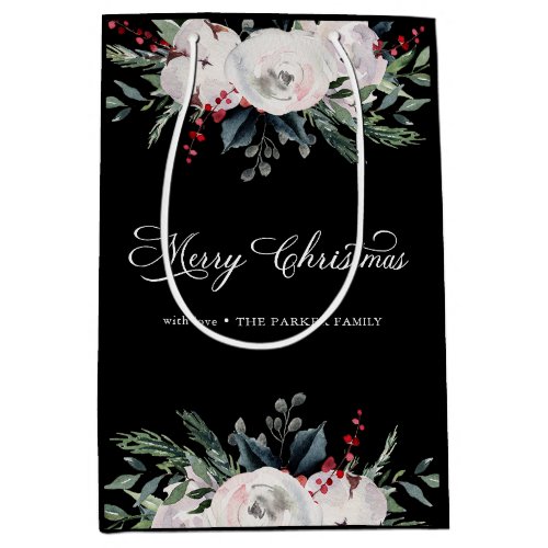 Merry Christmas  Watercolor Flowers on Black Medium Gift Bag