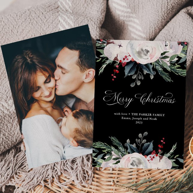 Merry Christmas | Watercolor Flowers Photo Black Holiday Card (An elegant Christmas invitation with holiday flowers on a black background, and your photo on back)
