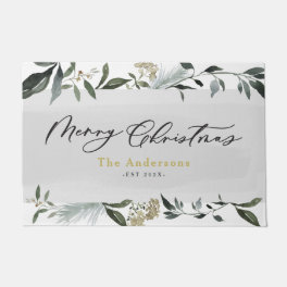 Merry Christmas watercolor foliage Christmas Doormat