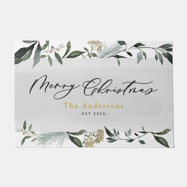 Merry Christmas watercolor foliage Christmas  Doormat (Front)